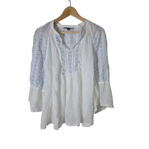 ZAC & RACHEL Blue White Bell Sleeve Boho Hippie Lightweight Semi-Sheer Top SZ 2X - Picture 1 of 10